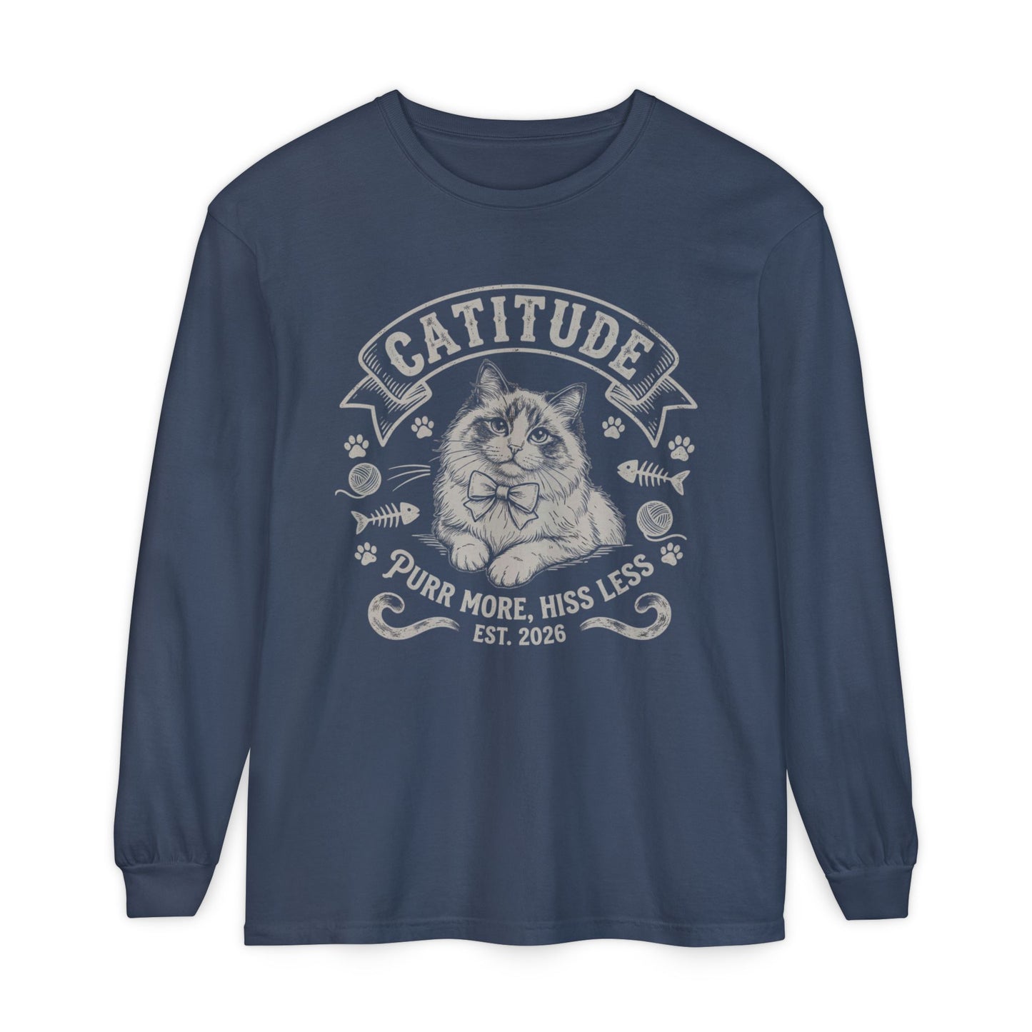Unisex Catitude Design Long Sleeve Tee — 'Purr More, Hiss Less' Cat Lover Shirt (Additional Colors)