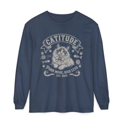 Unisex Catitude Design Long Sleeve Tee — 'Purr More, Hiss Less' Cat Lover Shirt (Additional Colors)