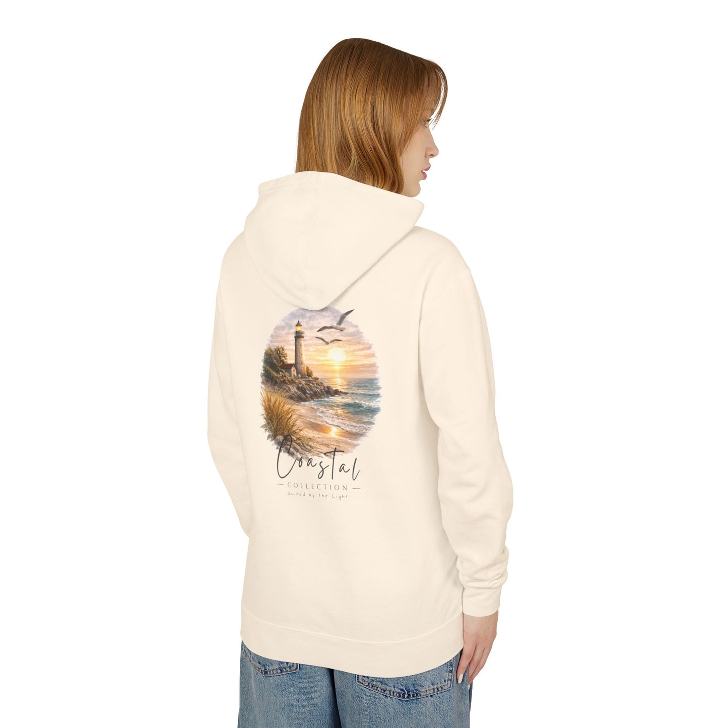 Unisex Adult Coastal Lighthouse Sunset Back Design Hoodie -  'Guided By The Light' Beach Graphic w/ Small Wave Front Logo Lightweight Hooded Sweatshirt (Additional Color)