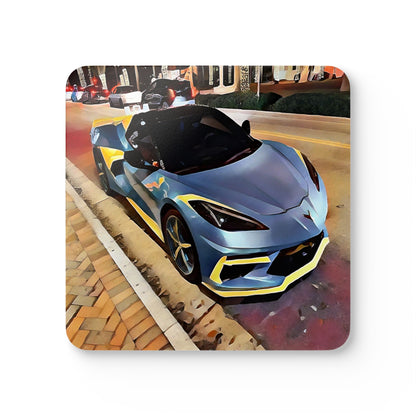 Artsy Blue Sportscar Design Corkwood Coaster Set (4-Piece)
