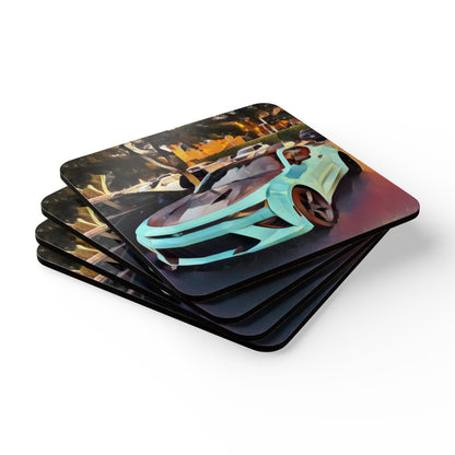 Artsy Aqua Sports Car Design Coaster Set, (4 Piece)