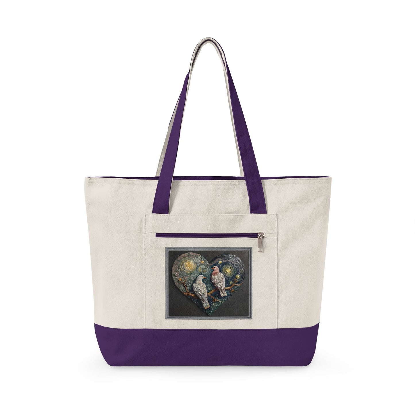 Two Doves in a Heart Zippered Canvas Tote Bag (Additional Colors)