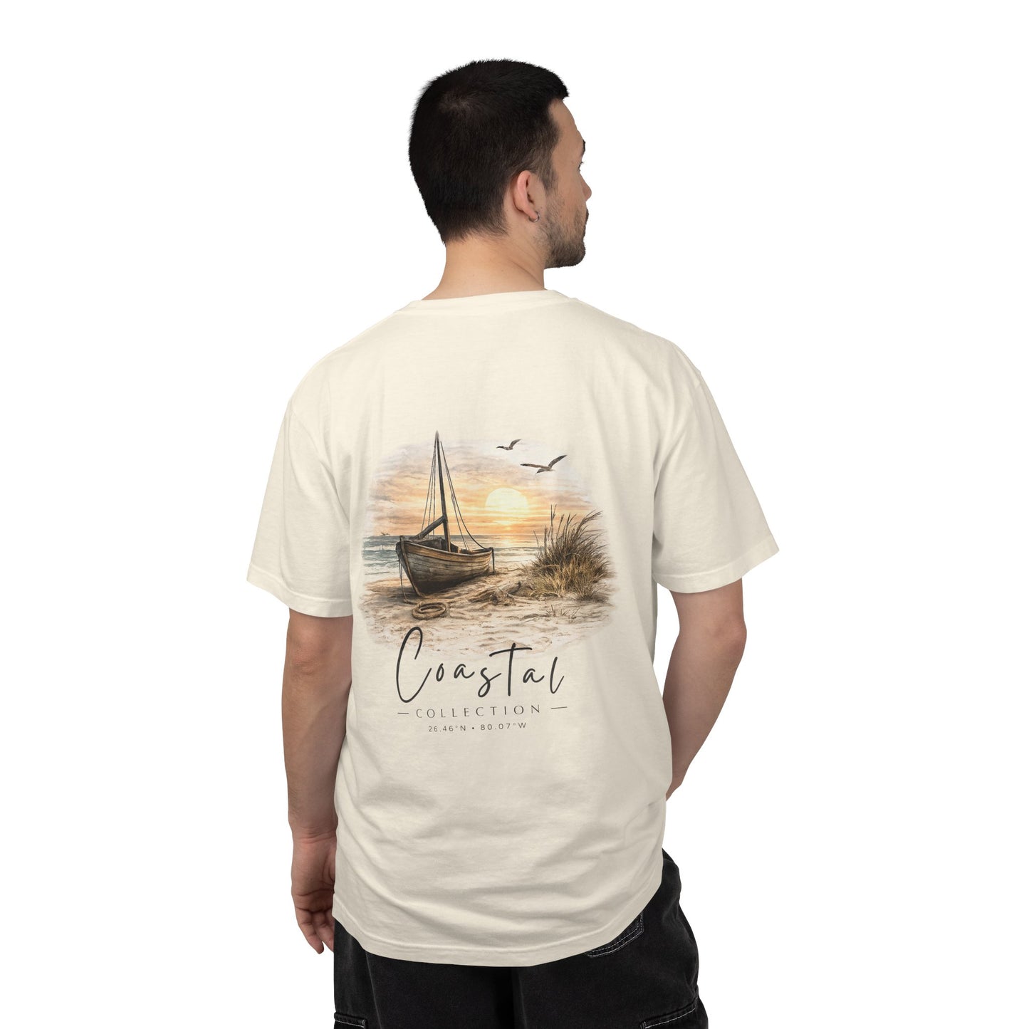 Unisex Adult Beach Sunset Sailboat Back Design T-Shirt — Nautical Coastal Graphic Tee w/ Logo (Additional Color)