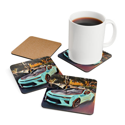 Artsy Aqua Sports Car Design Coaster Set, (4 Piece)