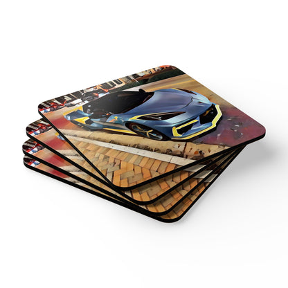 Artsy Blue Sportscar Design Corkwood Coaster Set (4-Piece)