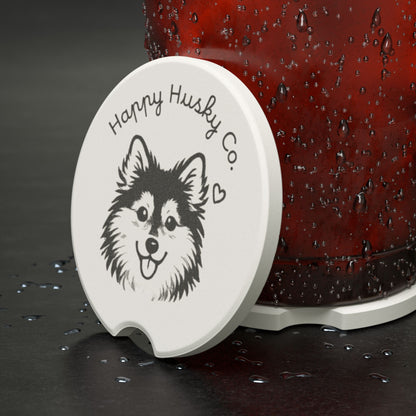 Happy Husky Co. Soapstone Car Coaster — Cute Fluffy Dog Face Car Drink Holder Insert (Single or Two-Piece Set)