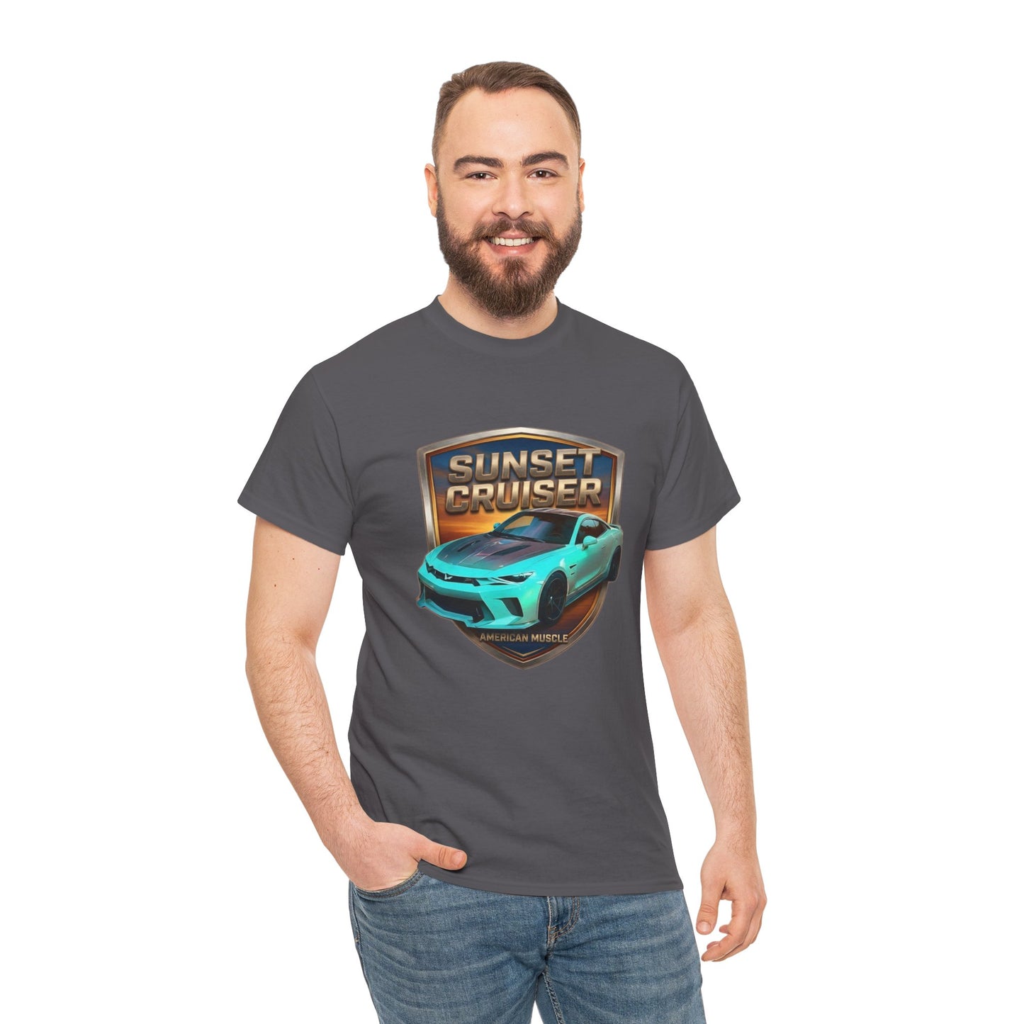 Unisex Adult Aqua 'Sunset Cruiser' Sportscar Theme American Muscle Series Cotton Tee (Additional Colors)