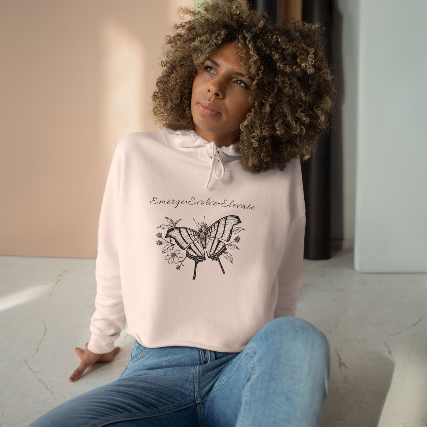 Adult Butterfly & Flowers Sketch Crop Hoodie — 'Emerge, Evolve, Elevate' Minimal Graphic (Additional Colors)