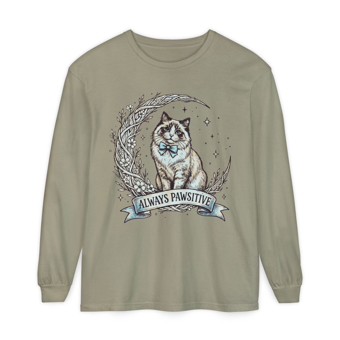Unisex Adult 'Always Pawsitive' Cat Design Long Sleeve Tee — Cute Ragdoll Cat Graphic Shirt (Additional Colors)