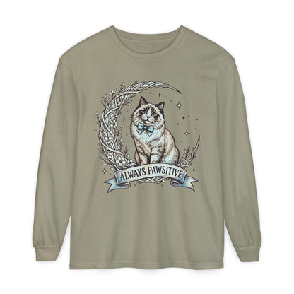 Unisex Adult 'Always Pawsitive' Cat Design Long Sleeve Tee — Cute Ragdoll Cat Graphic Shirt (Additional Colors)