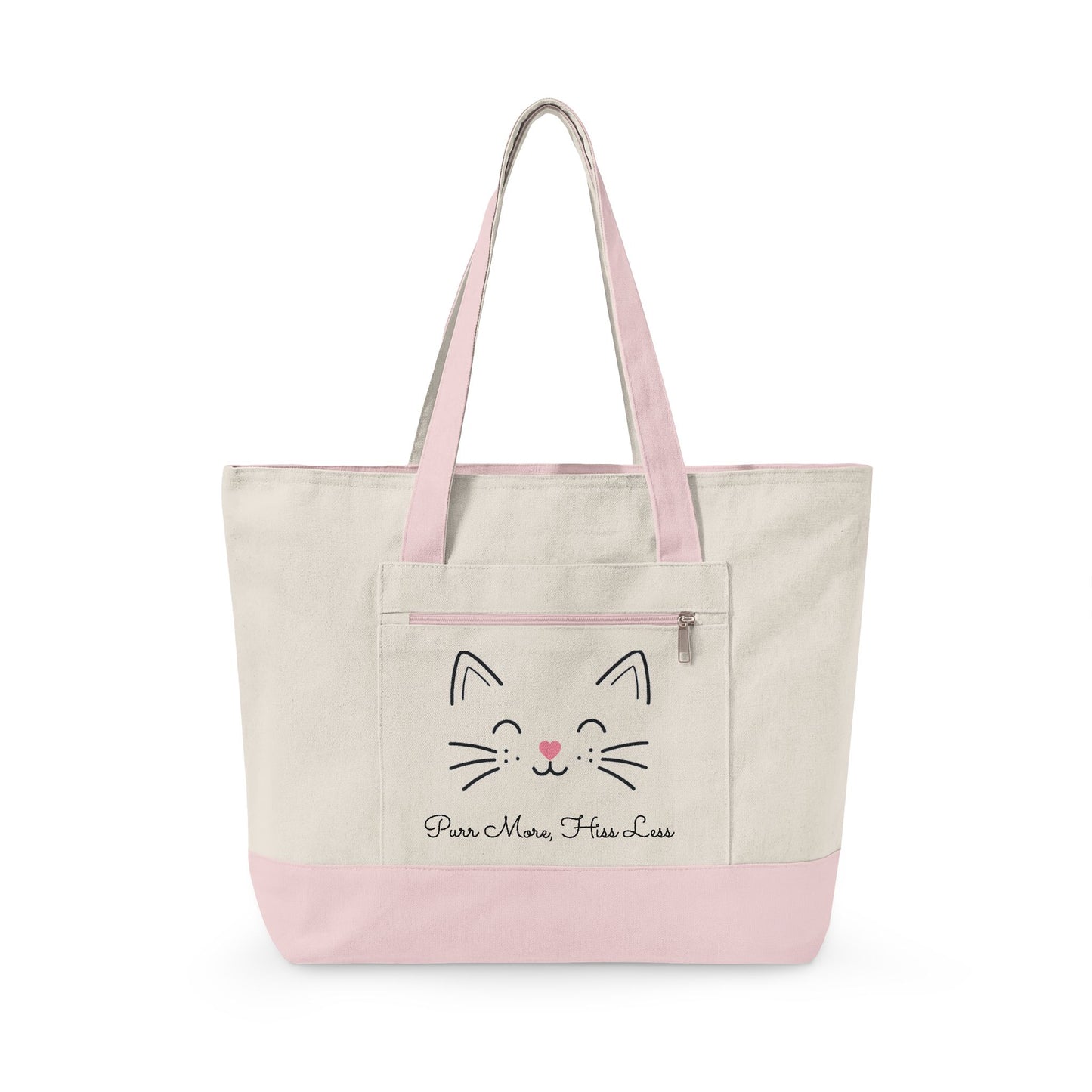 Cute Cat Face Canvas Tote Bag —  'Purr More, Hiss Less' Zippered Beach & Market Tote (Additional Colors)