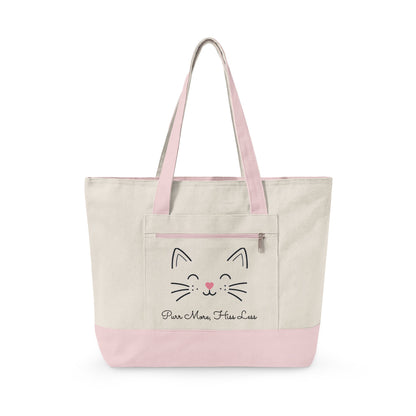 Cute Cat Face Canvas Tote Bag —  'Purr More, Hiss Less' Zippered Beach & Market Tote (Additional Colors)