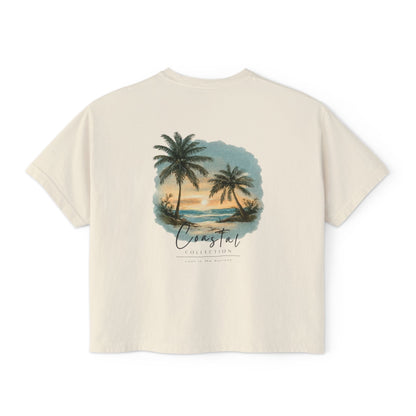 Women's Sunset Beach Scene II Back Design Boxy Tee - Tropical Palm Tree 'Lost In the Horizon' Graphic Tee (Additional Colors)