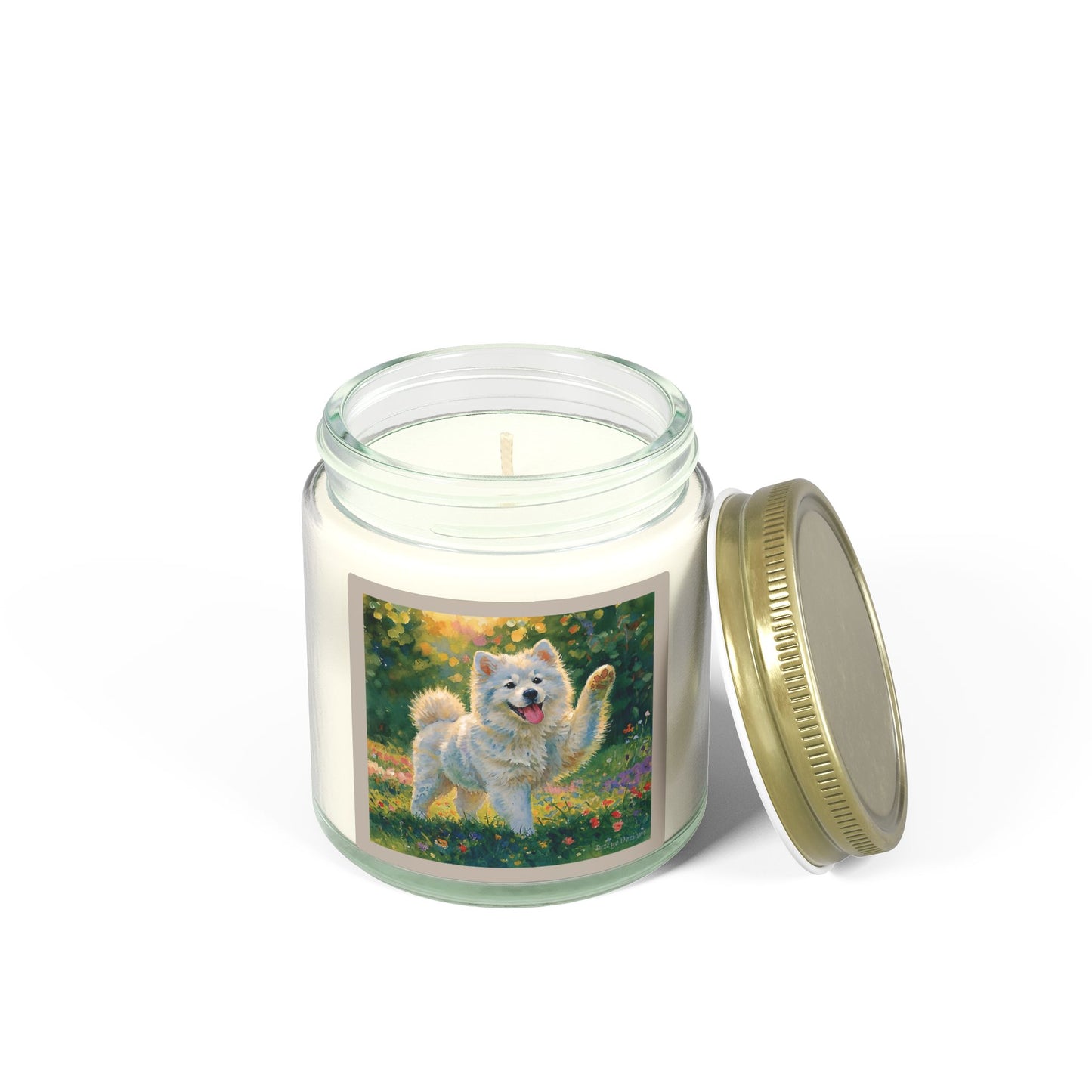 Coconut Apricot Wax Scented Candle — Joyful Samoyed Dog Design, Clear or Amber Jar (4oz or 9oz, Assorted Scents)