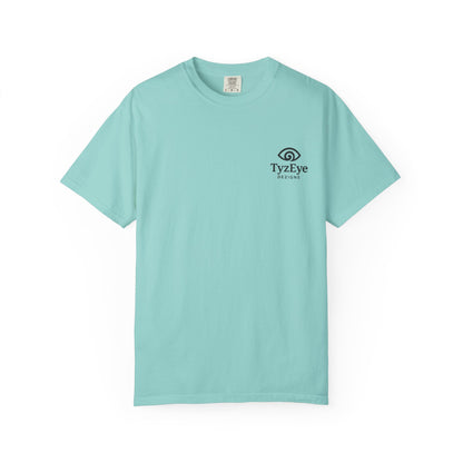 Unisex Adult Sunset Beach Scene II Back Design T-Shirt — Tropical Palm Tree 'Lost In the Horizon' Graphic w/ Logo Front (Additional Color)