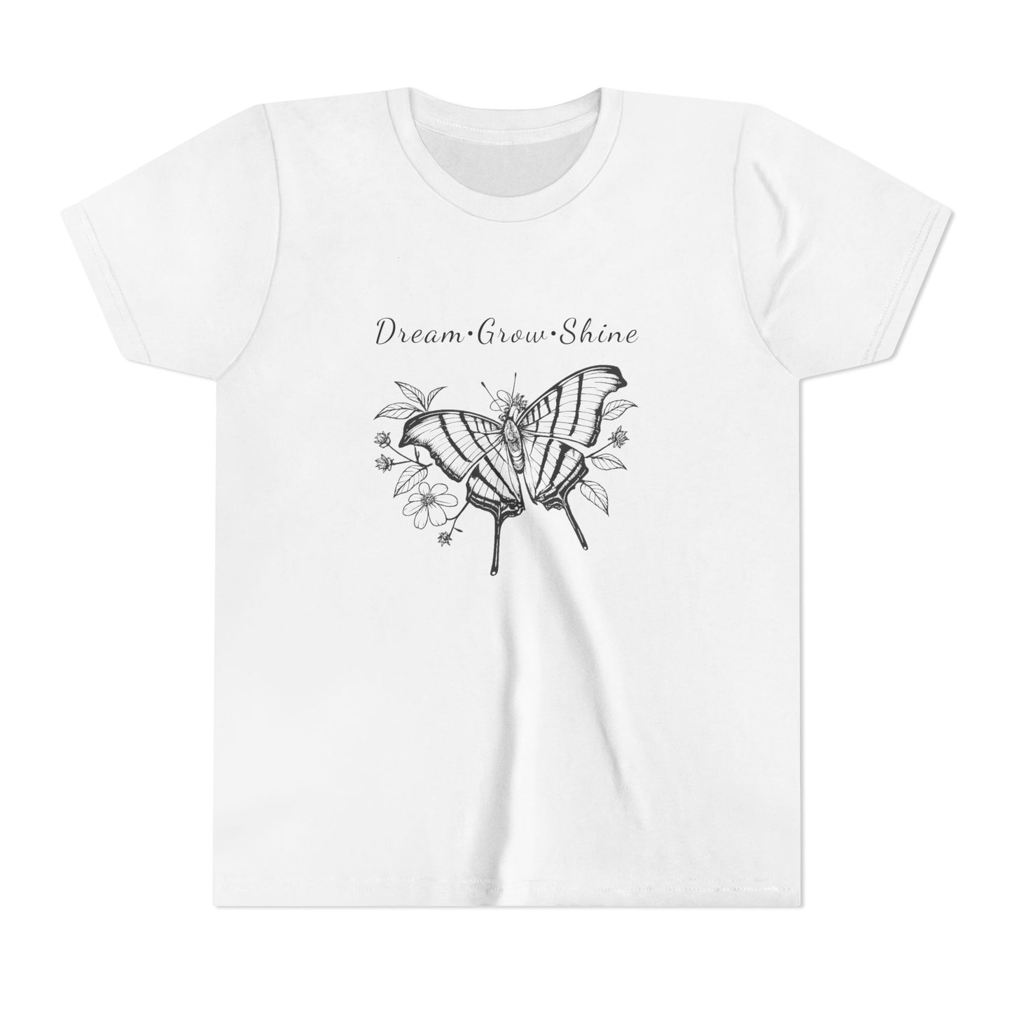 Youth Unisex Butterfly & Flowers Design Short Sleeve Tee - 'Dream, Grow, Shine' Motivational Graphic (Additional Colors)