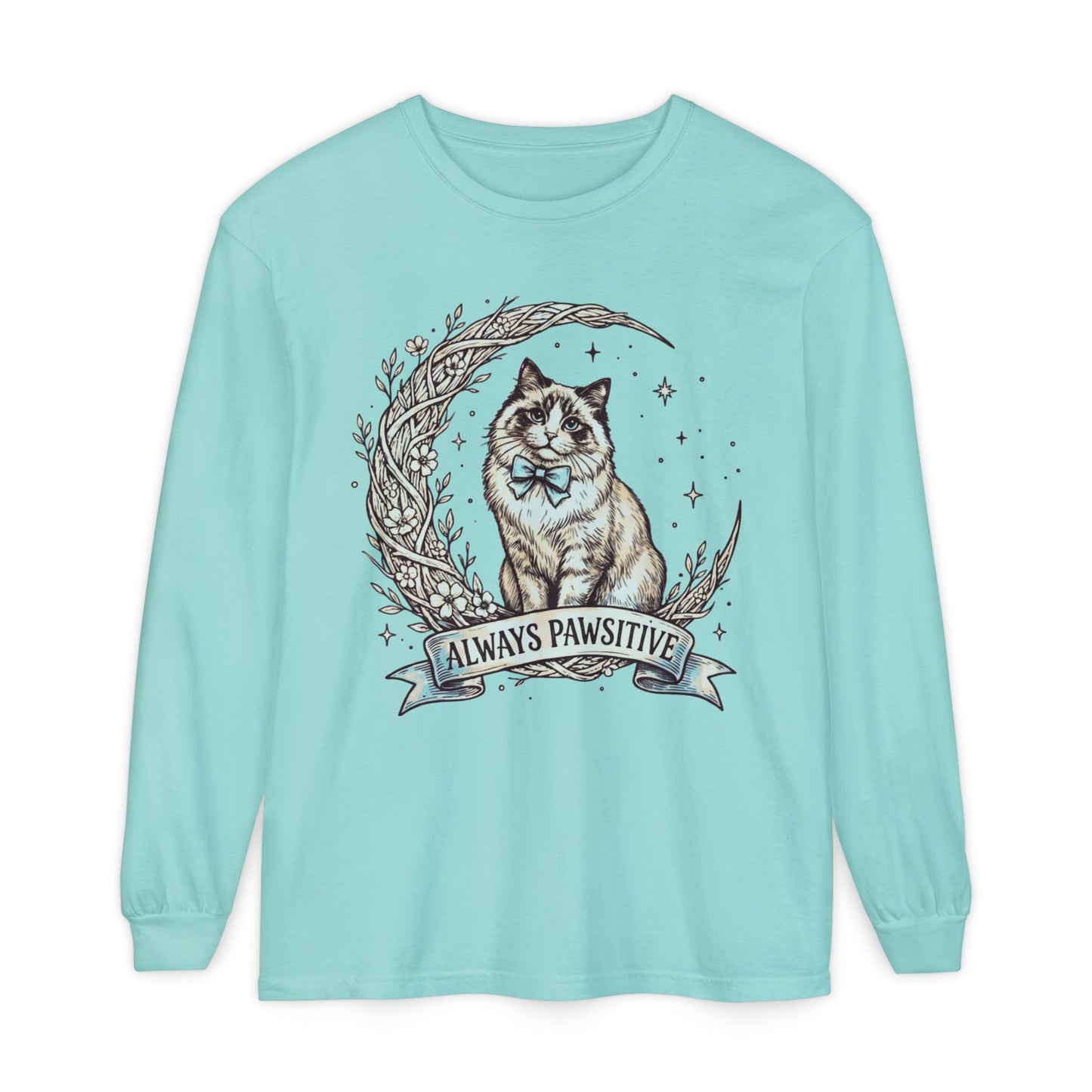 Unisex Adult 'Always Pawsitive' Cat Design Long Sleeve Tee — Cute Ragdoll Cat Graphic Shirt (Additional Colors)