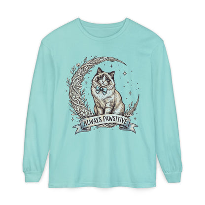 Unisex Adult 'Always Pawsitive' Cat Design Long Sleeve Tee — Cute Ragdoll Cat Graphic Shirt (Additional Colors)