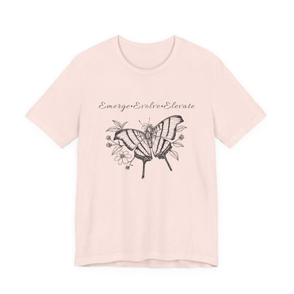 Unisex Adult Butterfly & Flowers Design Short Sleeve Tee - 'Emerge Evolve Elevate' (Additional Colors)