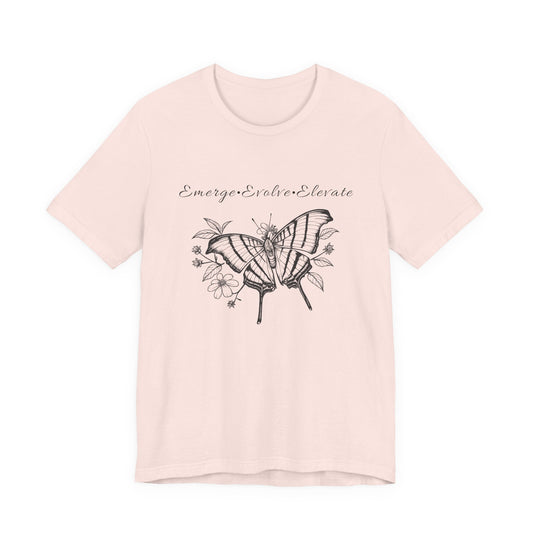 Unisex Adult Butterfly & Flowers Design Short Sleeve Tee - 'Emerge Evolve Elevate' (Additional Colors)