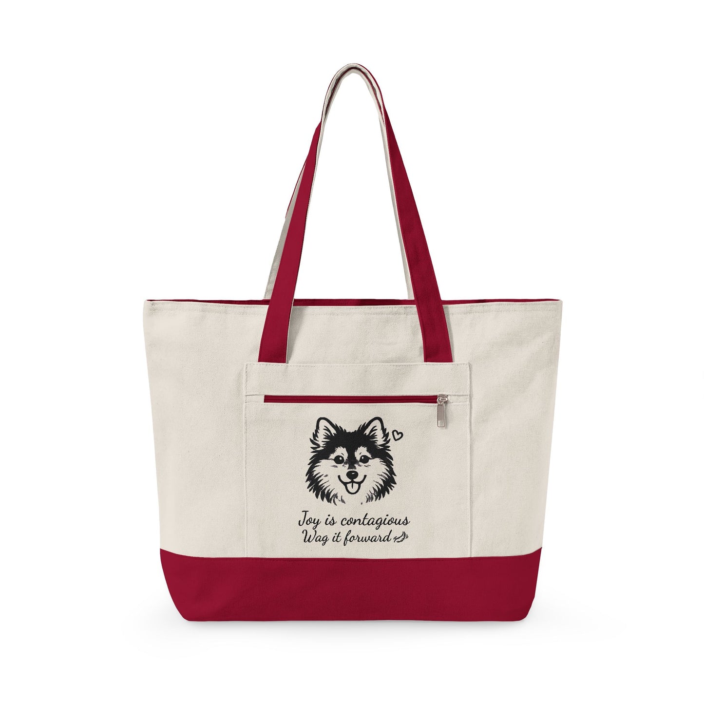 Adorable Pomsky With A Heart Canvas Tote Bag, 'Joy is contagious, Wag it forward' Zippered Beach & Market Tote (Additional Colors)