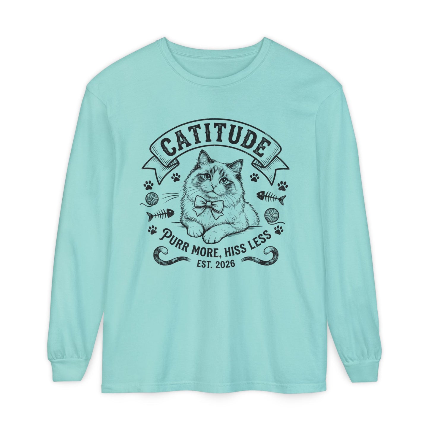 Unisex Catitude Design Long Sleeve Tee — 'Purr More, Hiss Less' Cat Lover Shirt (Additional Colors)