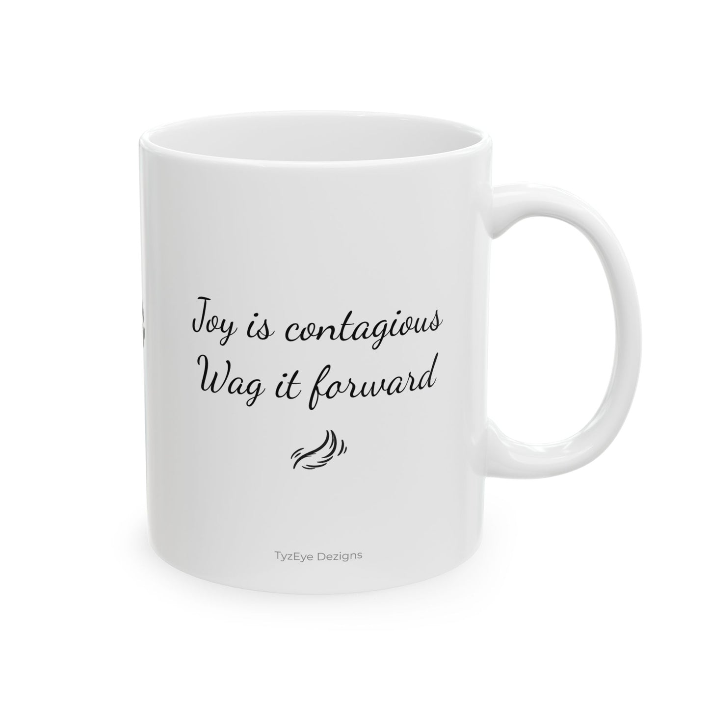 Pomsky With A Heart White Ceramic Dog Theme Mug — "Joy is contagious, Wag it forward" (11oz & 15oz)