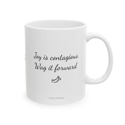 Pomsky With A Heart White Ceramic Dog Theme Mug — "Joy is contagious, Wag it forward" (11oz & 15oz)