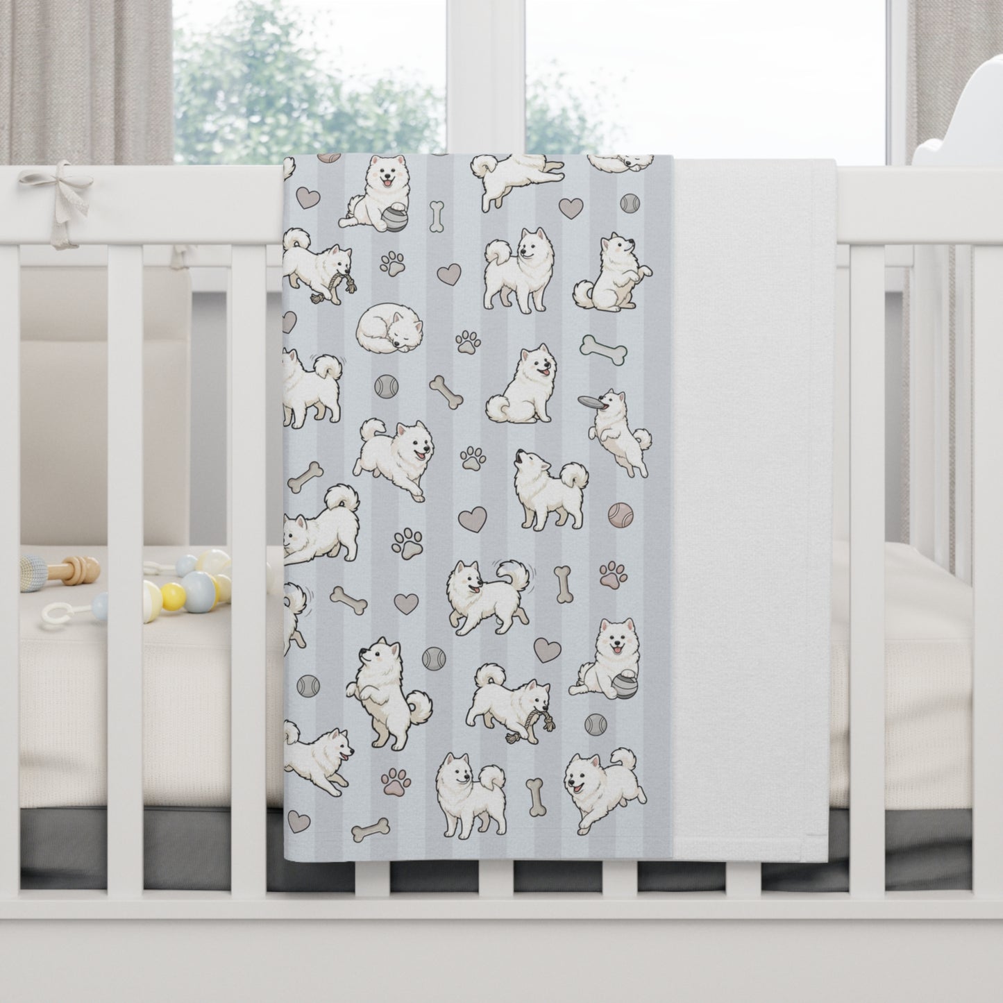 Blue Design Samoyed Puppy Baby Blanket - Cute White Puppy Pattern on Soft Blue Stripes (Soft Fleece)