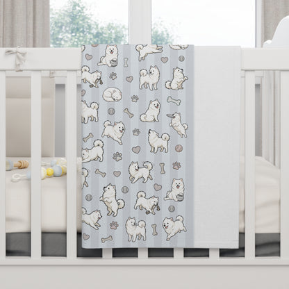 Blue Design Samoyed Puppy Baby Blanket - Cute White Puppy Pattern on Soft Blue Stripes (Soft Fleece)
