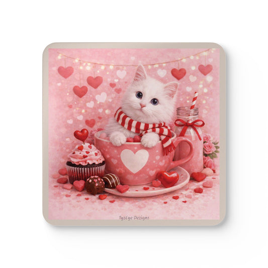 Valentine's Pussycat Design Cork Coaster Set — Romantic Drink Coasters (4 Piece)