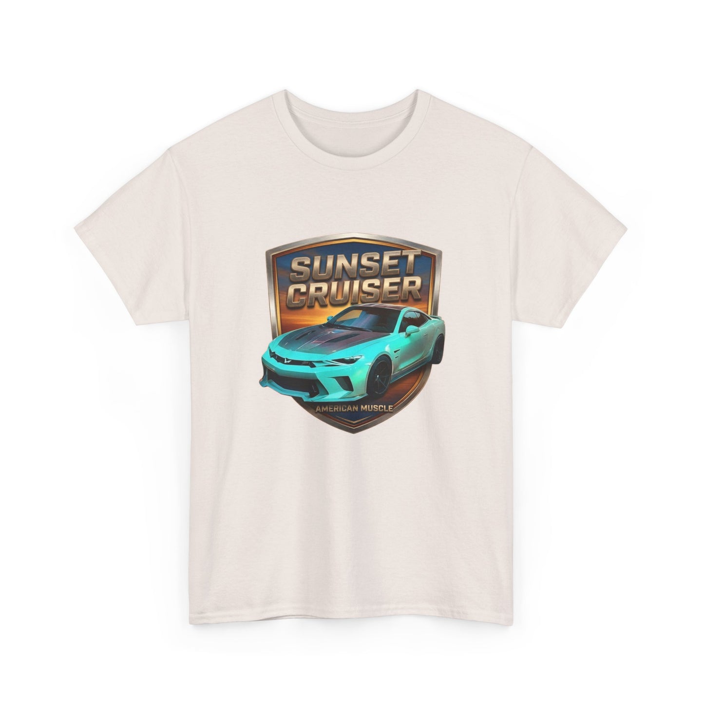 Unisex Adult Aqua 'Sunset Cruiser' Sportscar Theme American Muscle Series Cotton Tee (Additional Colors)