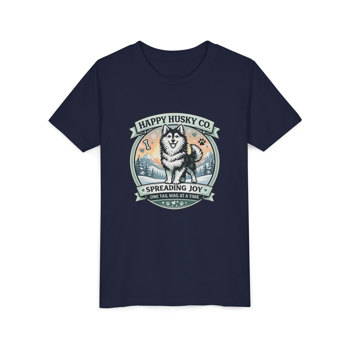 Youth Tee Happy Husky Co. 'Spreading Joy' Kids Short Sleeve Shirt - Husky Dog, Outdoor Badge Design (Additional Colors)