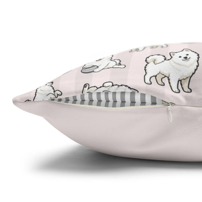 Double Sided Pink Design Samoyed Puppy With Bones, Hearts & Paw Prints Pillowcase — Decorative Square Throw Pillow (Additional Sizes)