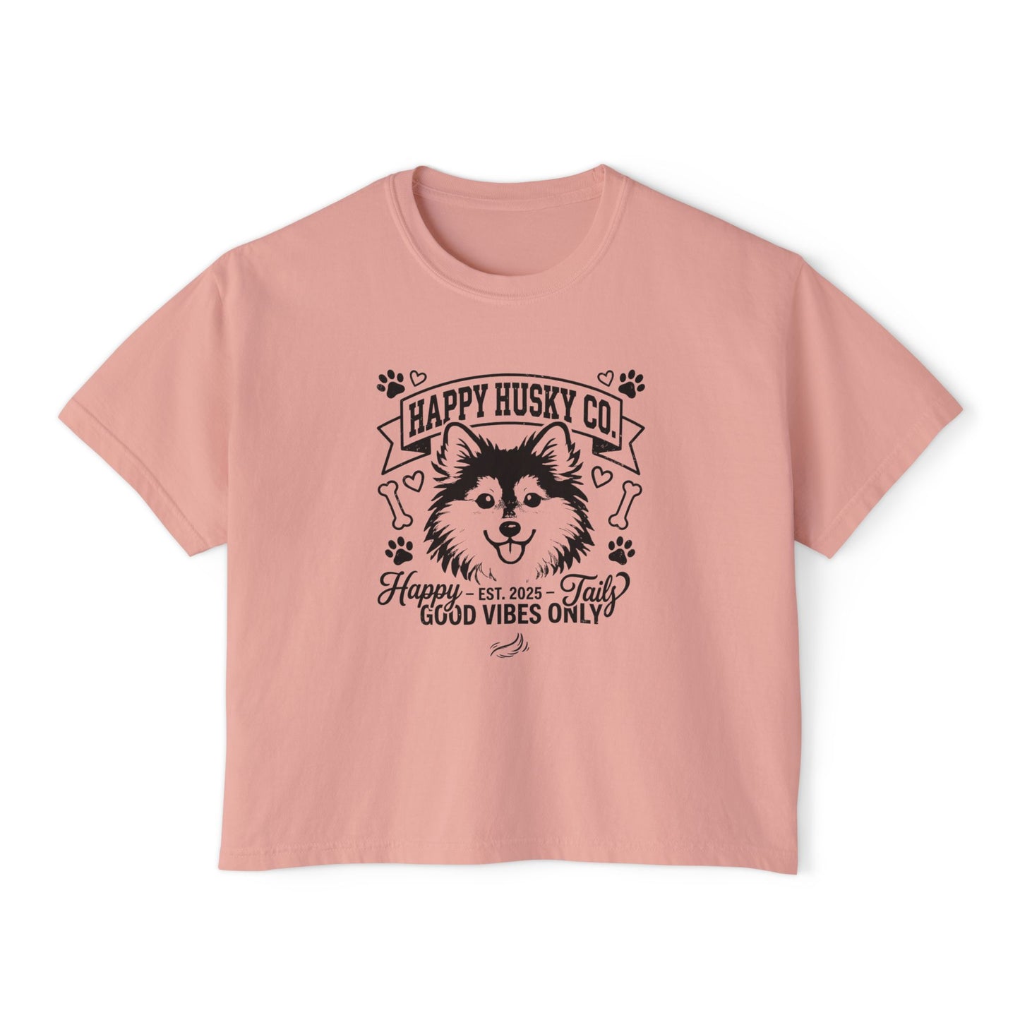Happy Husky Co. Women's Boxy Tee — 'Happy Tails, Good Vibes Only' Graphic (Additional Colors)