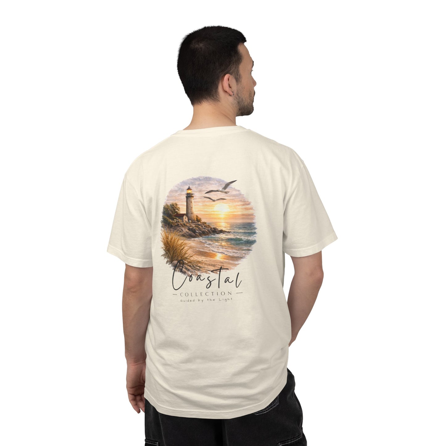 Unisex Adult Coastal Lighthouse Sunset Back Design T-Shirt — 'Guided By The Light' Graphic Tee w/ Front Logo (Additional Color)