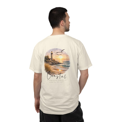 Unisex Adult Coastal Lighthouse Sunset Back Design T-Shirt — 'Guided By The Light' Graphic Tee w/ Front Logo (Additional Color)