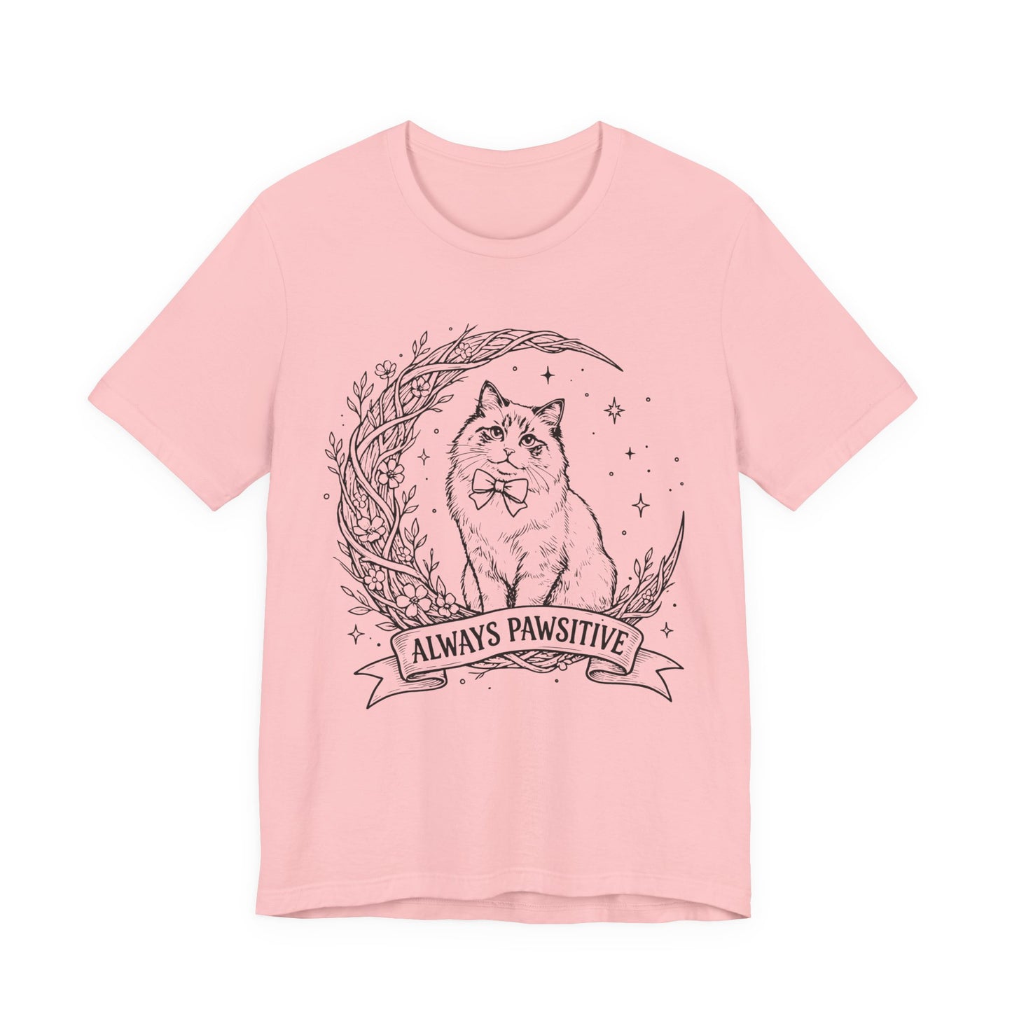 Unisex Adult Cute Cat & Moon Design T-Shirt — “Always Pawsitive” Retro Moon Cat Graphic Tee (Additional Colors)