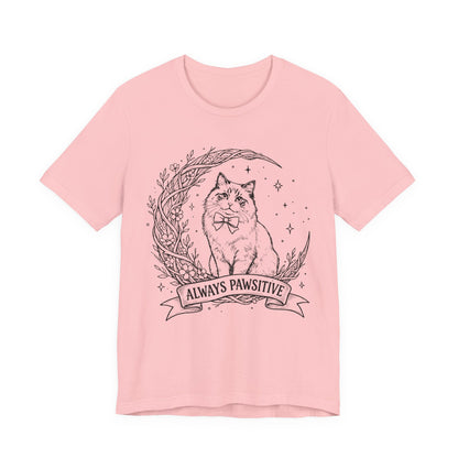Unisex Adult Cute Cat & Moon Design T-Shirt — “Always Pawsitive” Retro Moon Cat Graphic Tee (Additional Colors)