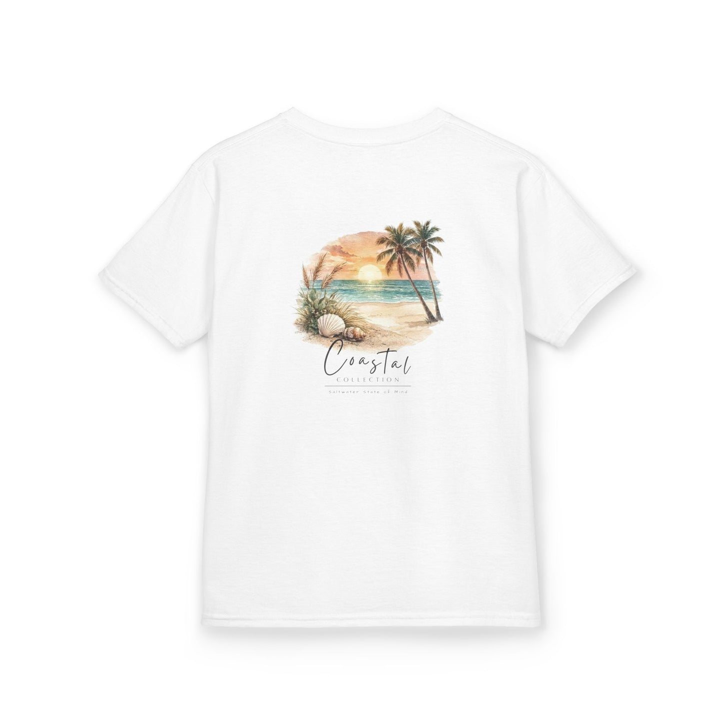 Kids Sunset Beach Scene Back Design T-Shirt — Tropical Palm Tree 'Saltwater State of Mind' Graphic w/ Logo Front (Additional Color)