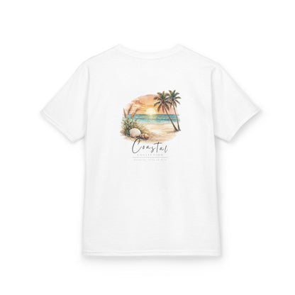 Kids Sunset Beach Scene Back Design T-Shirt — Tropical Palm Tree 'Saltwater State of Mind' Graphic w/ Logo Front (Additional Color)