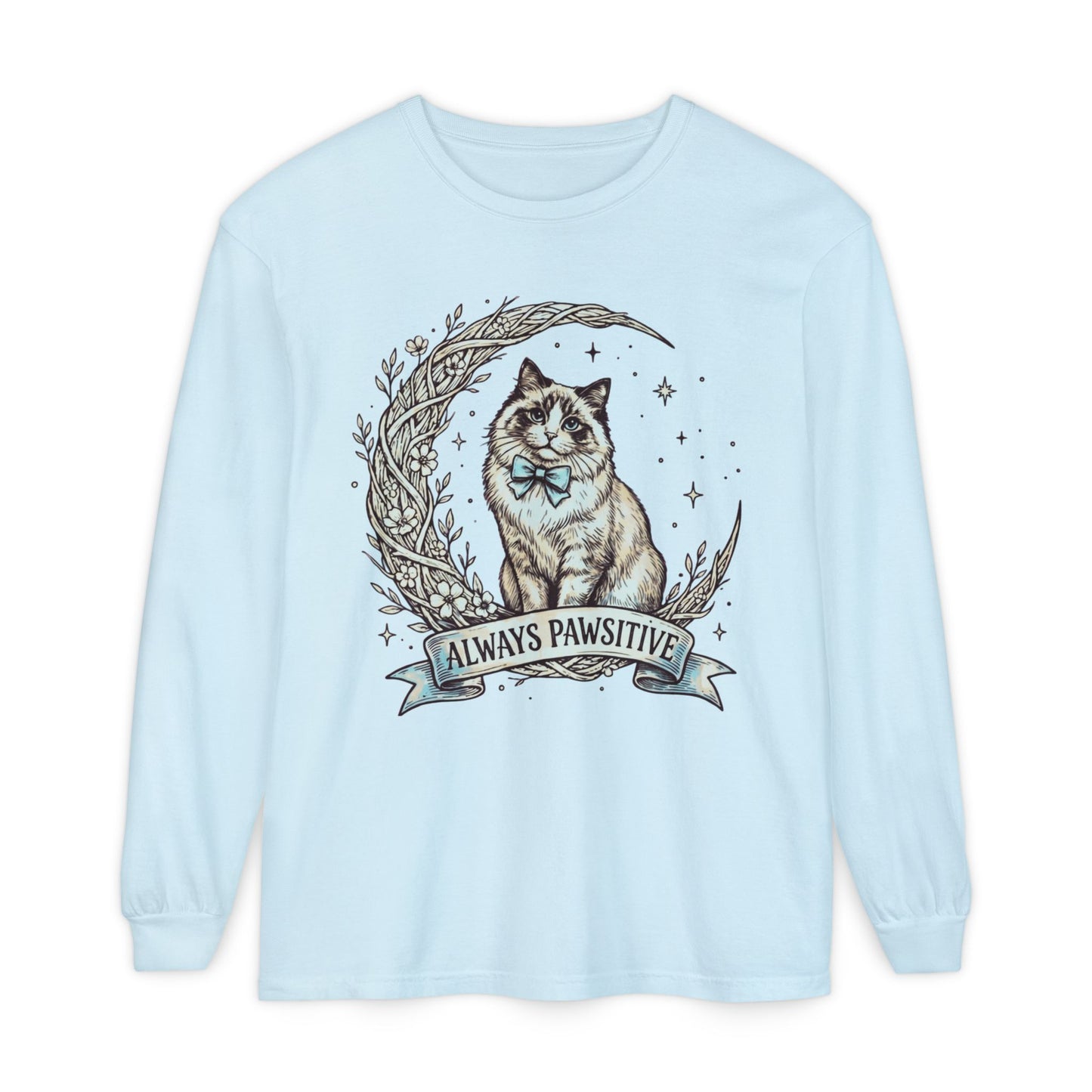 Unisex Adult 'Always Pawsitive' Cat Design Long Sleeve Tee — Cute Ragdoll Cat Graphic Shirt (Additional Colors)