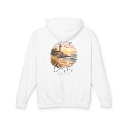 Unisex Adult Coastal Lighthouse Sunset Back Design Hoodie -  'Guided By The Light' Beach Graphic w/ Small Wave Front Logo Lightweight Hooded Sweatshirt (Additional Color)