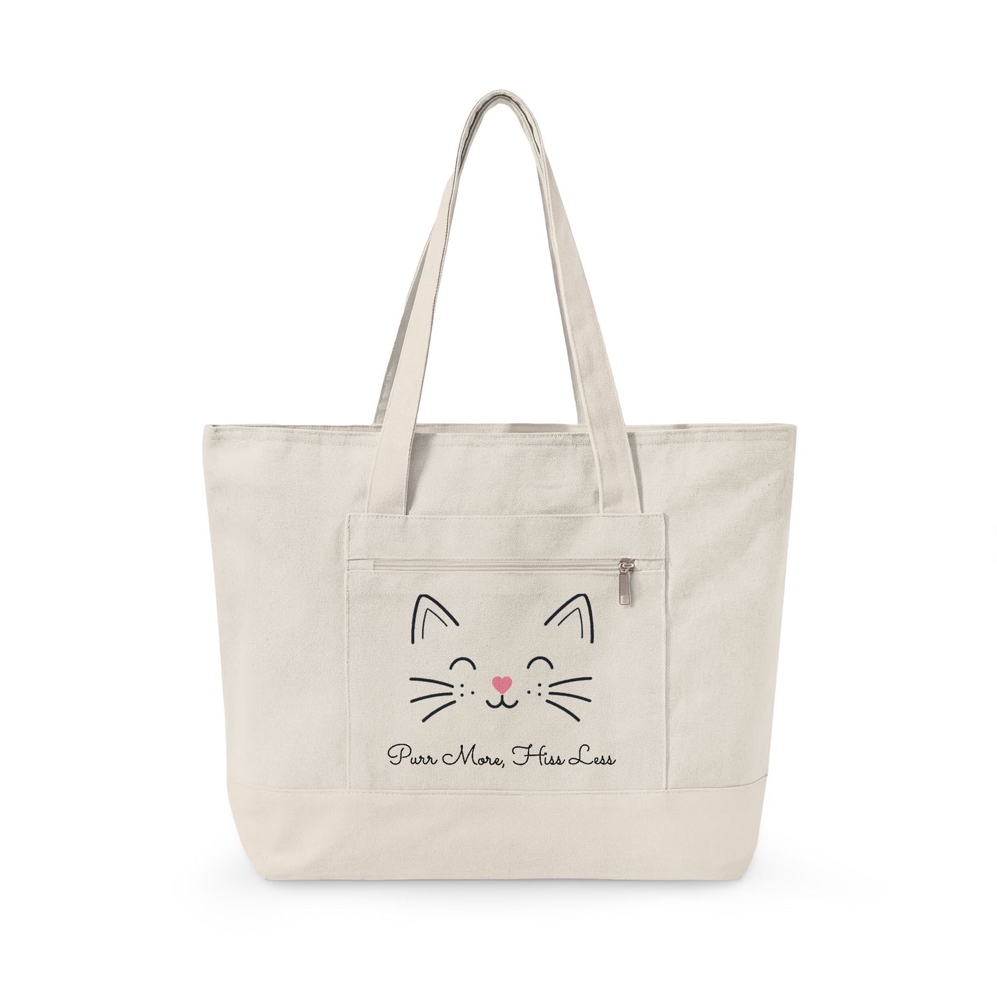 Cute Cat Face Canvas Tote Bag —  'Purr More, Hiss Less' Zippered Beach & Market Tote (Additional Colors)