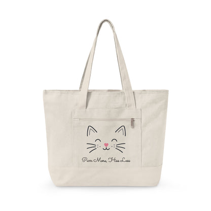 Cute Cat Face Canvas Tote Bag —  'Purr More, Hiss Less' Zippered Beach & Market Tote (Additional Colors)