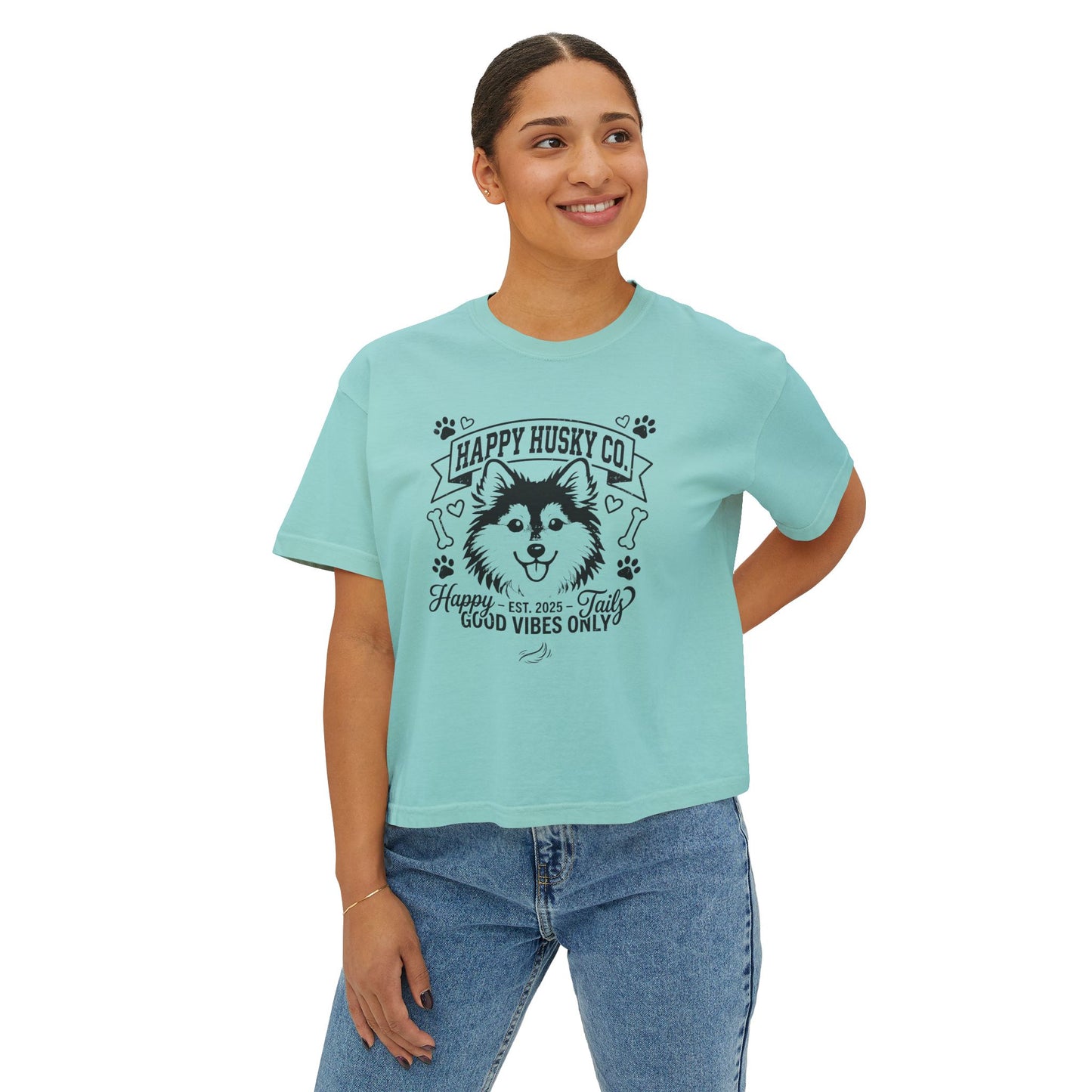 Happy Husky Co. Women's Boxy Tee — 'Happy Tails, Good Vibes Only' Graphic (Additional Colors)