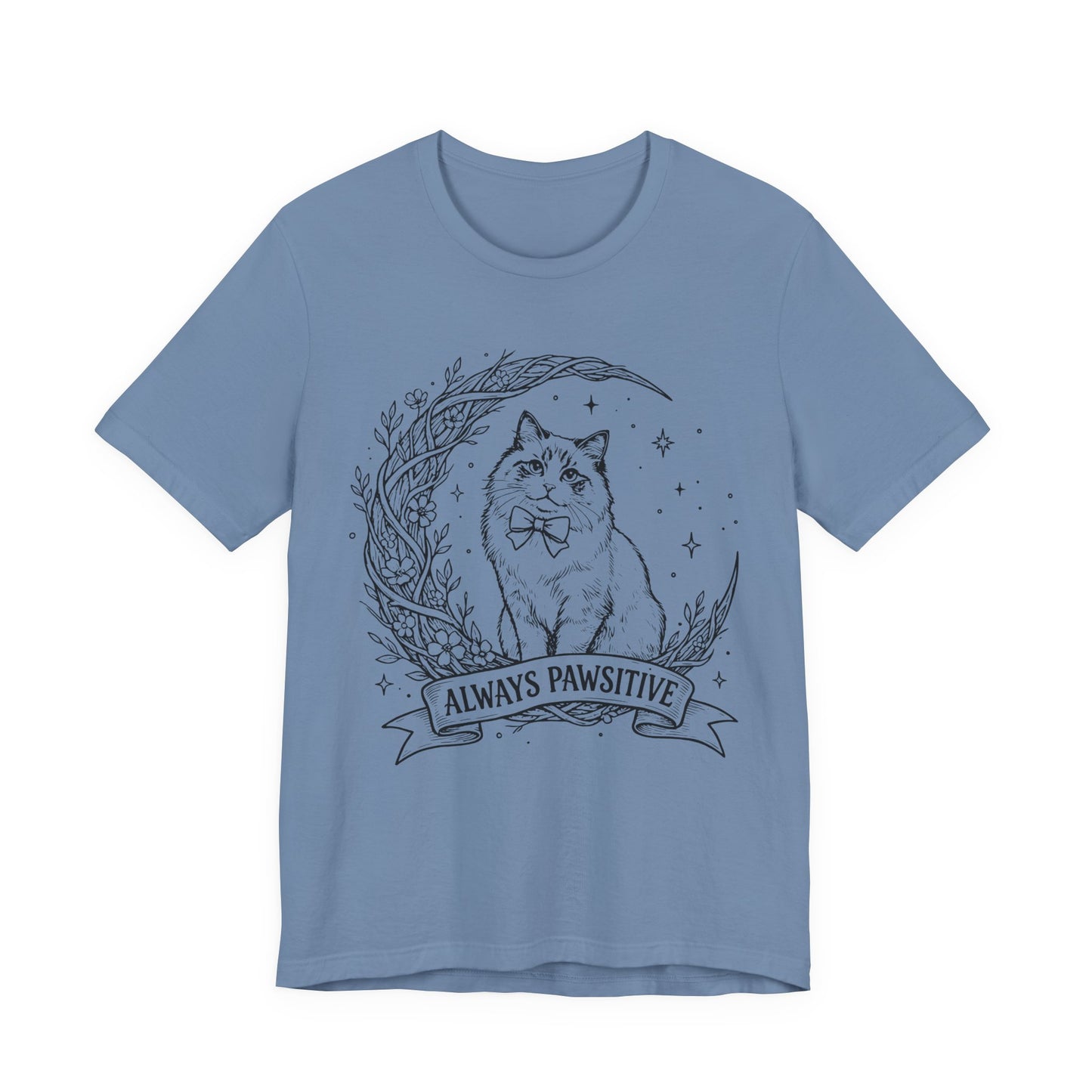 Unisex Adult Cute Cat & Moon Design T-Shirt — “Always Pawsitive” Retro Moon Cat Graphic Tee (Additional Colors)