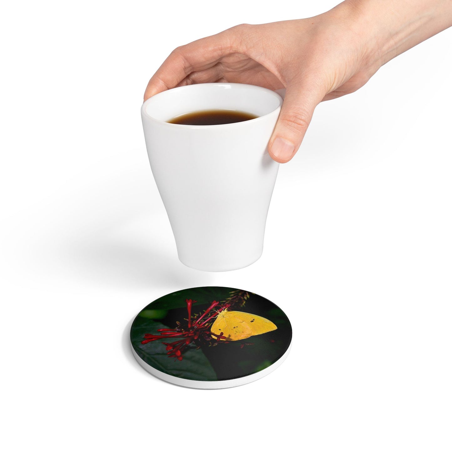 Nature-Inspired Yellow Butterfly Collectible Ceramic Drink Coaster, 1 Piece