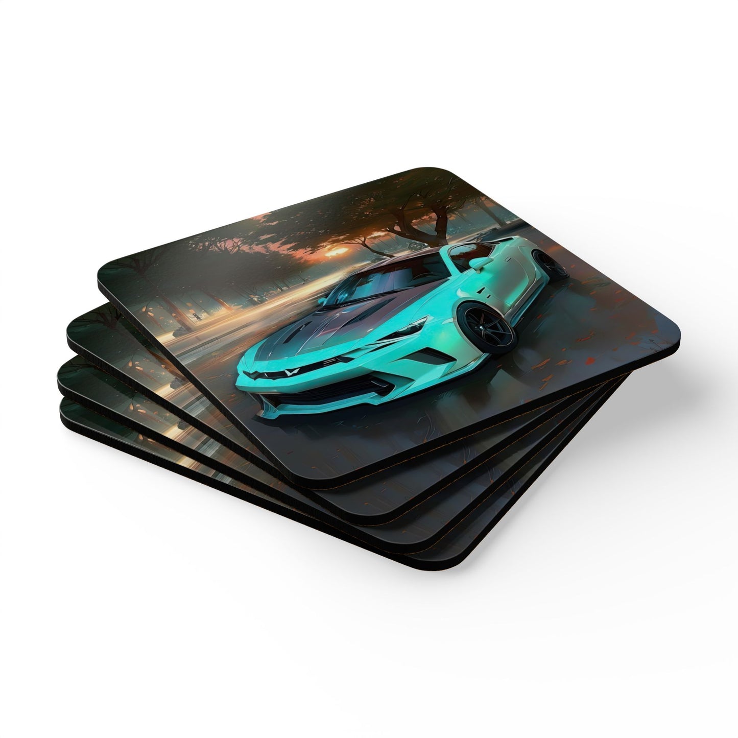 Sunset Scene Teal Camaro Sports Car Theme Cork Drink Coaster Set, (4 Piece)