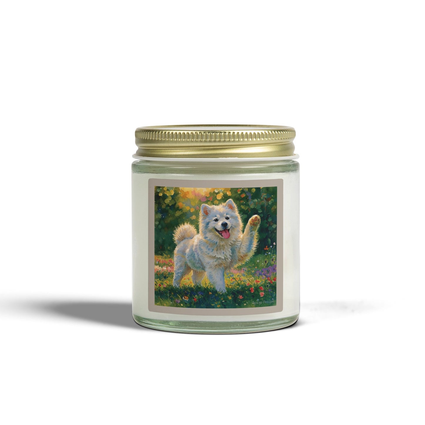 Coconut Apricot Wax Scented Candle — Joyful Samoyed Dog Design, Clear or Amber Jar (4oz or 9oz, Assorted Scents)